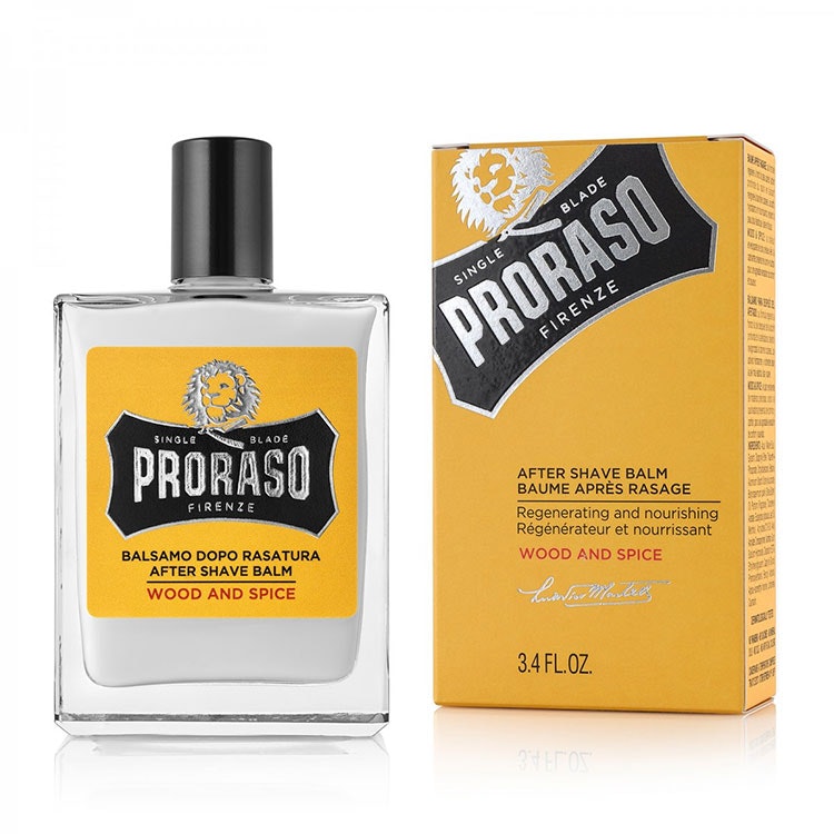 Proraso After Shave Balm Wood & Spice, alkoholfri rakbalm som ger en behagligt fräsch och återfuktad känsla efter rakningen.