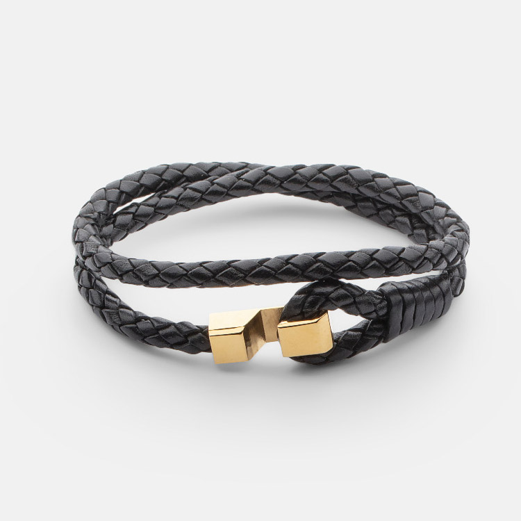 Skultuna Hook leather Bracelet Gold Plated Black