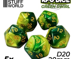 5x D20 20mm Dice - Green Swirl