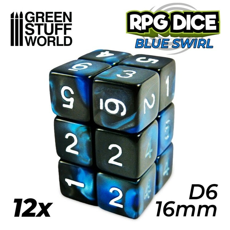 12x D6 16mm Dice - Blue Swirl