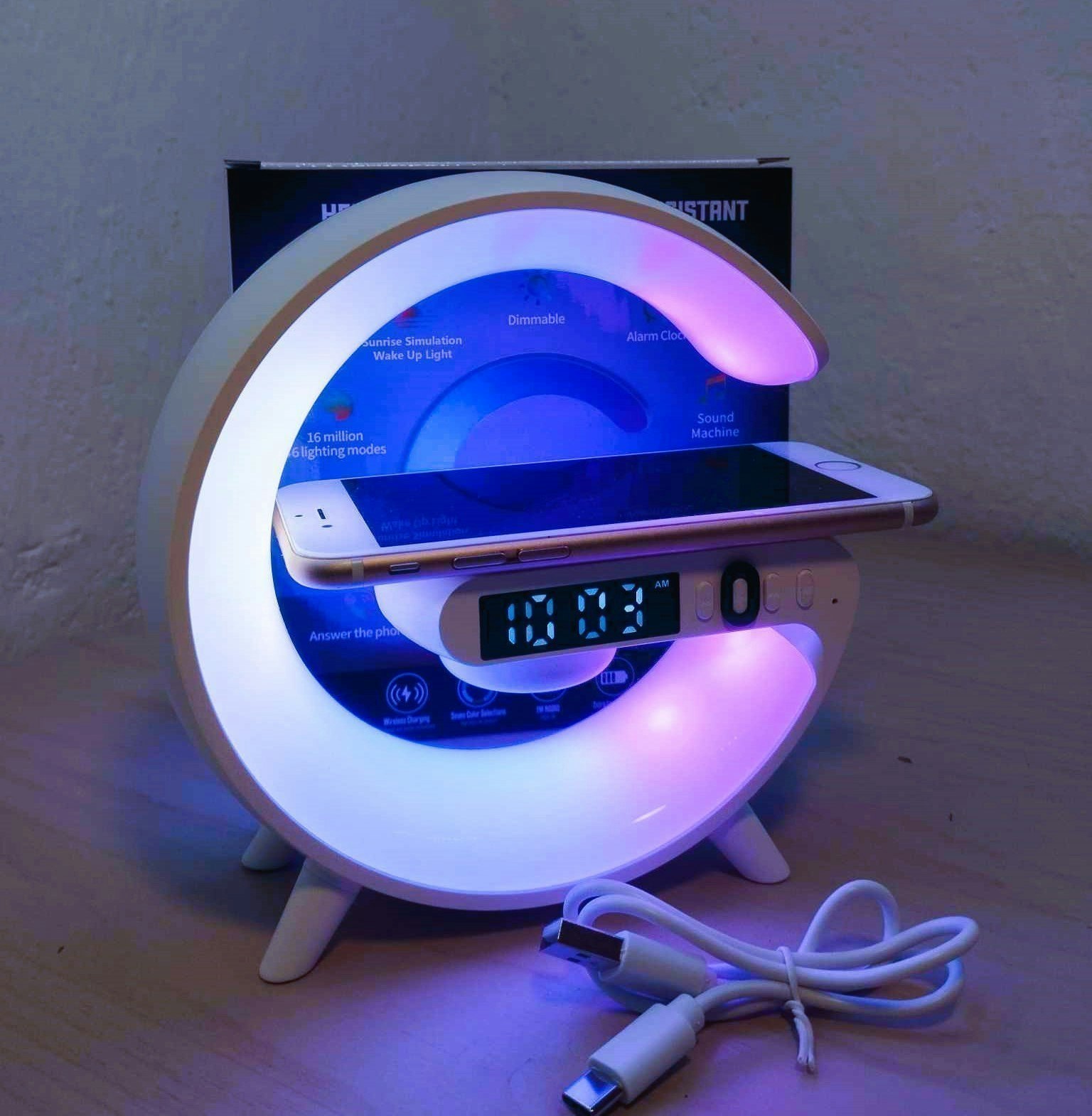 Alarm-Klocka . Trådlös laddare 15 W med Bluetooth-högtalare & RGB ljus