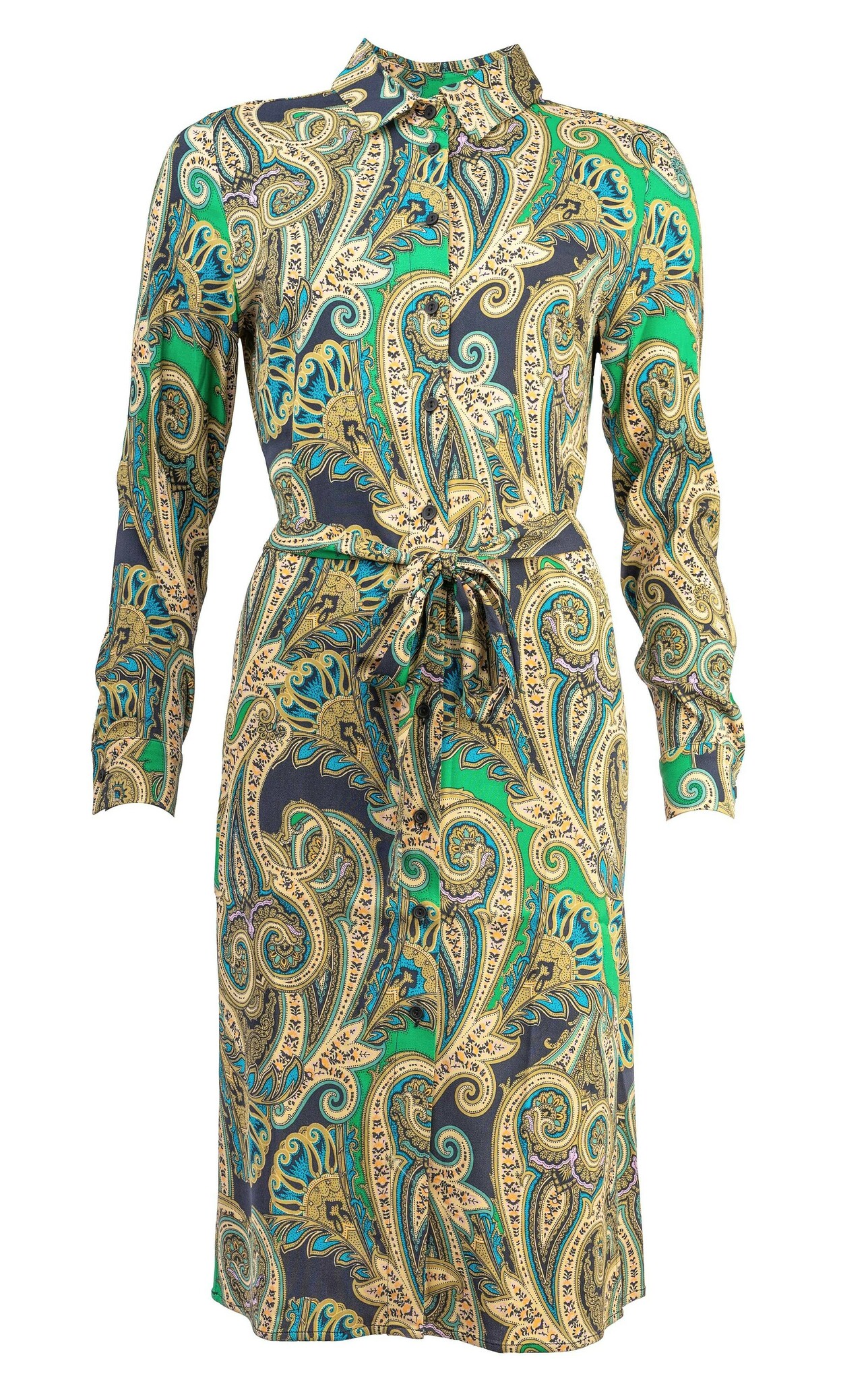 Skjortklänning med skärp I Klassisk skjortklänning I Klänning paisley mönster I Grön mönstrad klänning
