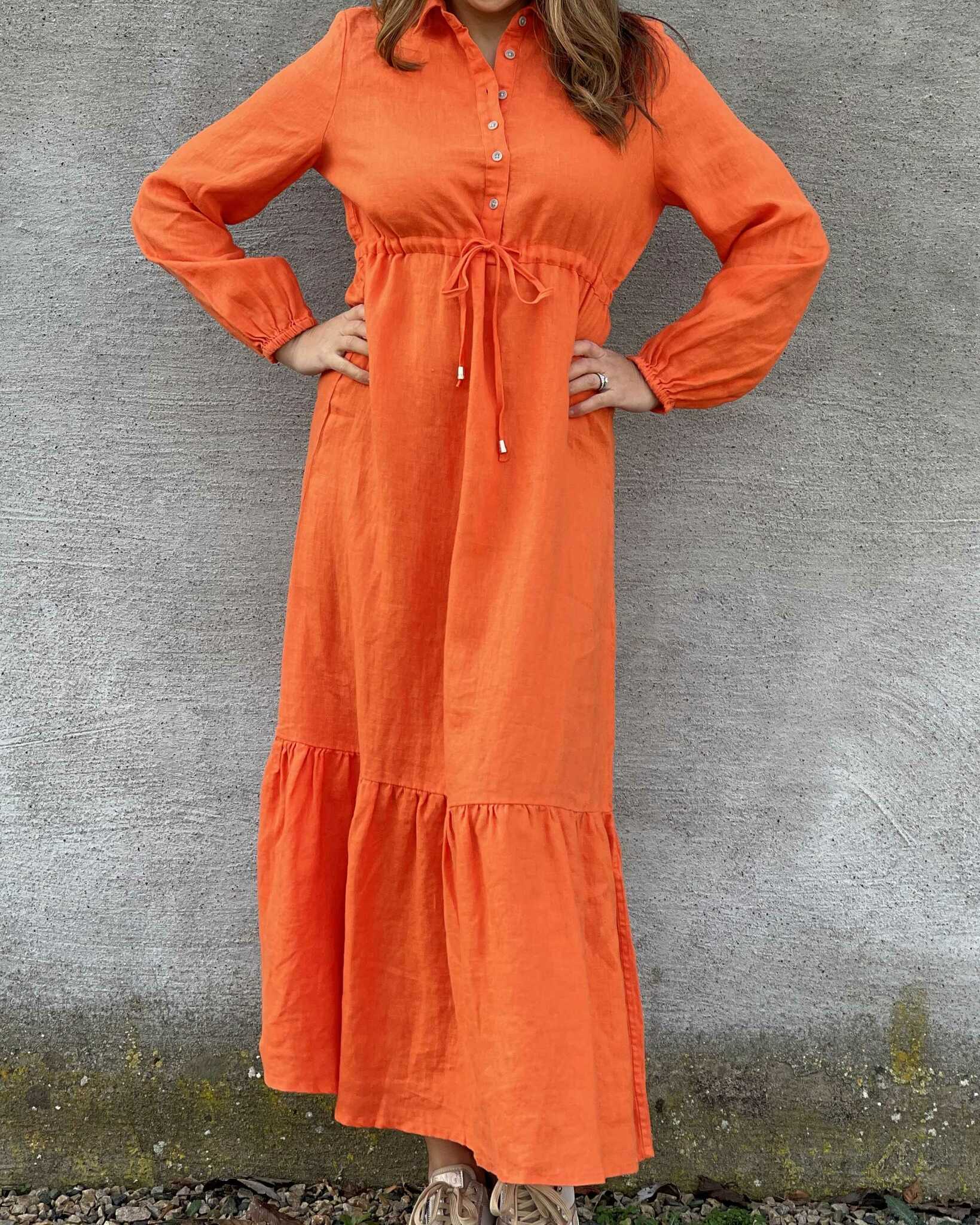 Orange klänning - lång linneklänning bohostil - Läcker linne klänning maxi - Sommarklänning
