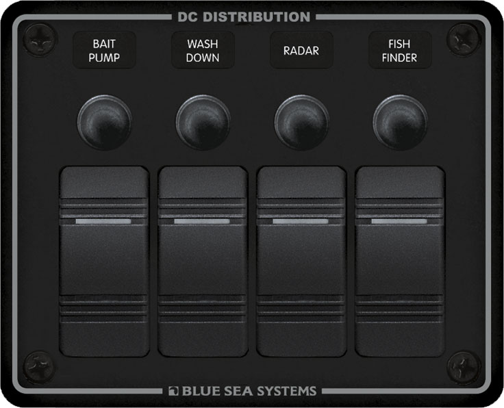 Blue Sea Systems - DC panel Svart 4 positioner, med 4 Carlingbrytare