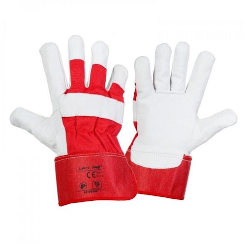 Handskar, äkta getskinn, bomull, stl.10, röd-vita, CE