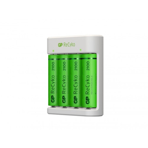 GP ReCyko Standard-batteriladdare E411, inkl. 4st AA 2100mAh NiMH-batterier