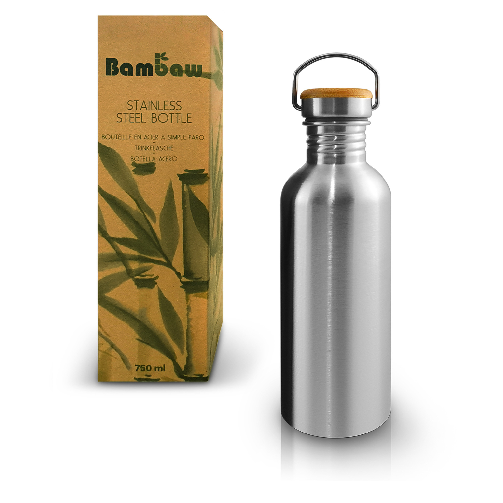 Flaska i rostfritt stål och Bambulock - 750 ml, Bambaw