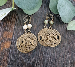 Antikt bronsfärgade örhängen med Tri Moon, träd och pentagram