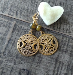 Antikt guldfärgade örhängen med Tri Moon, träd och pentagram