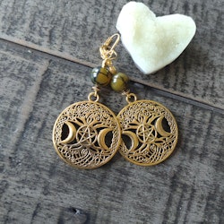 Antikt guldfärgade örhängen med Tri Moon, träd och pentagram