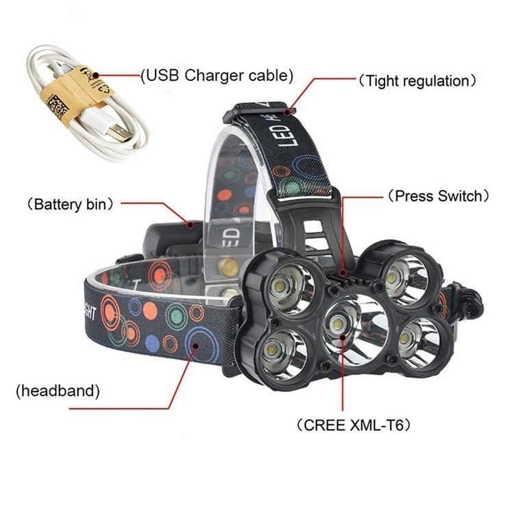 18000Lm Lumens 5X XM-L CREE T6 LED Laddningsbar Pannlampa