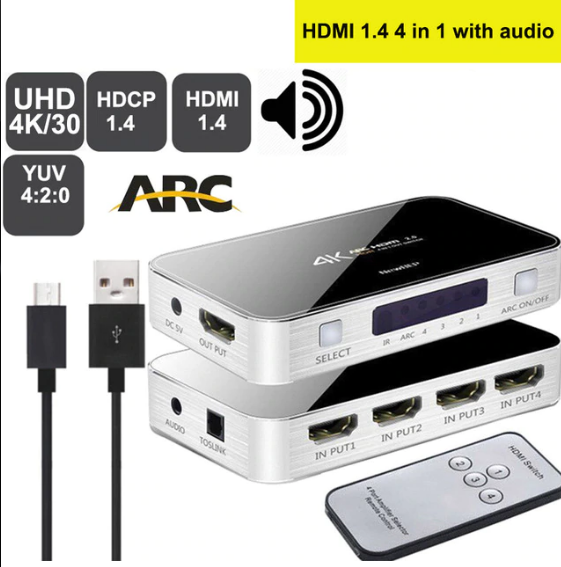 Splitter 4K HDMI Switcher Omkopplare HDMI 2.0 Switch HDMI audio extractor HDR ARC splitter 4X1 med fjärrkontroll