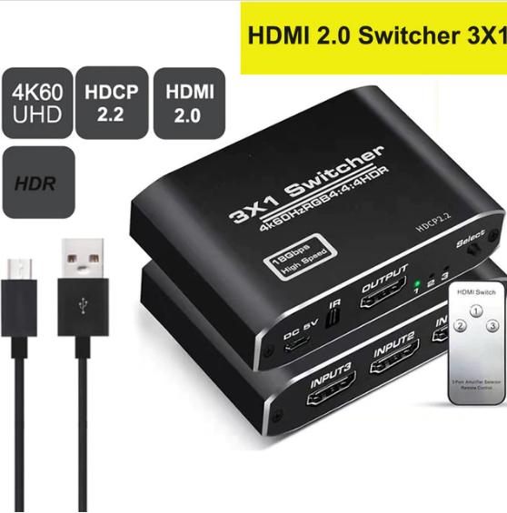 Splitter 4K HDMI Switcher Omkopplare HDMI 2.0 Switch HDMI audio extractor HDR ARC splitter 4X1 med fjärrkontroll