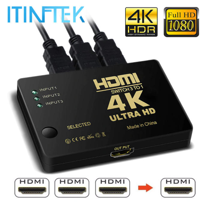 4K 2K 3x1 HDMI Kabel Cable Splitter Omkopplare HD 1080P Video Switcher Adapter 3-ingång till 1 Output Port HDMI Hub för Xbox PS4 DVD HDTV PC Laptop TV