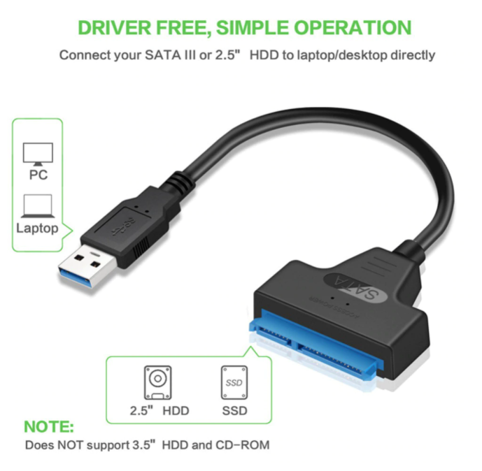 Congdi USB SATA 3 Kabel Cable Sata Adapter Till USB 3.0 Upp Till 6 Gbps Support 2.5Inch External SSD HDD Hard Drive 22 Pin Sata III A25 2.0