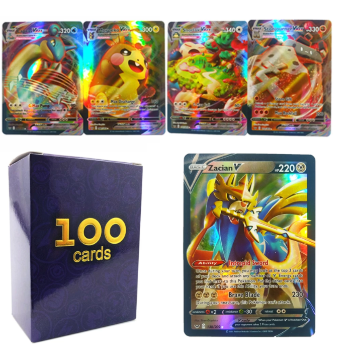 100 st Pokemon Kort (49 st V + 11 st VMAX + 39 st Tag + 1 st GX)