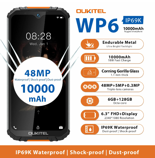 OUKITEL WP6 Global Version 6,3 tums FHD + IP68 Vattentät 10000mAh 48MP Triple Bakkamera 6GB 128GB Helio P70 4G Smartphone