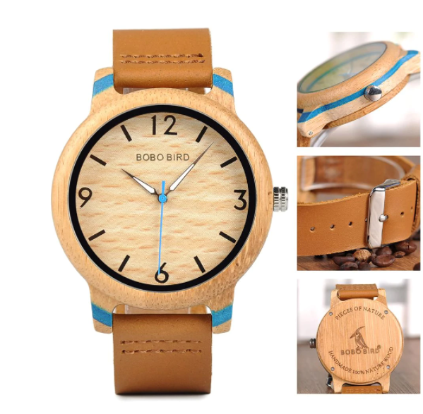 Bamboo Träklocka Clearance Wooden Leather Kvartsklocka Quartz Wristwatch Mode