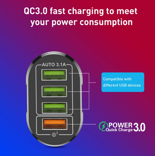USB-nätladdare 4x USB, QC 3.0