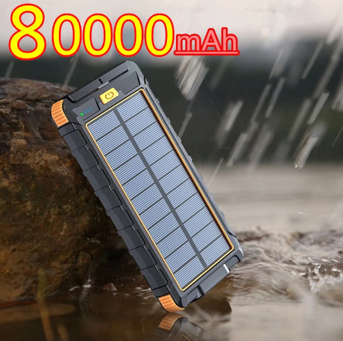 Vattentät Powerbank 80000mAh med solceller, ficklampa & kompass