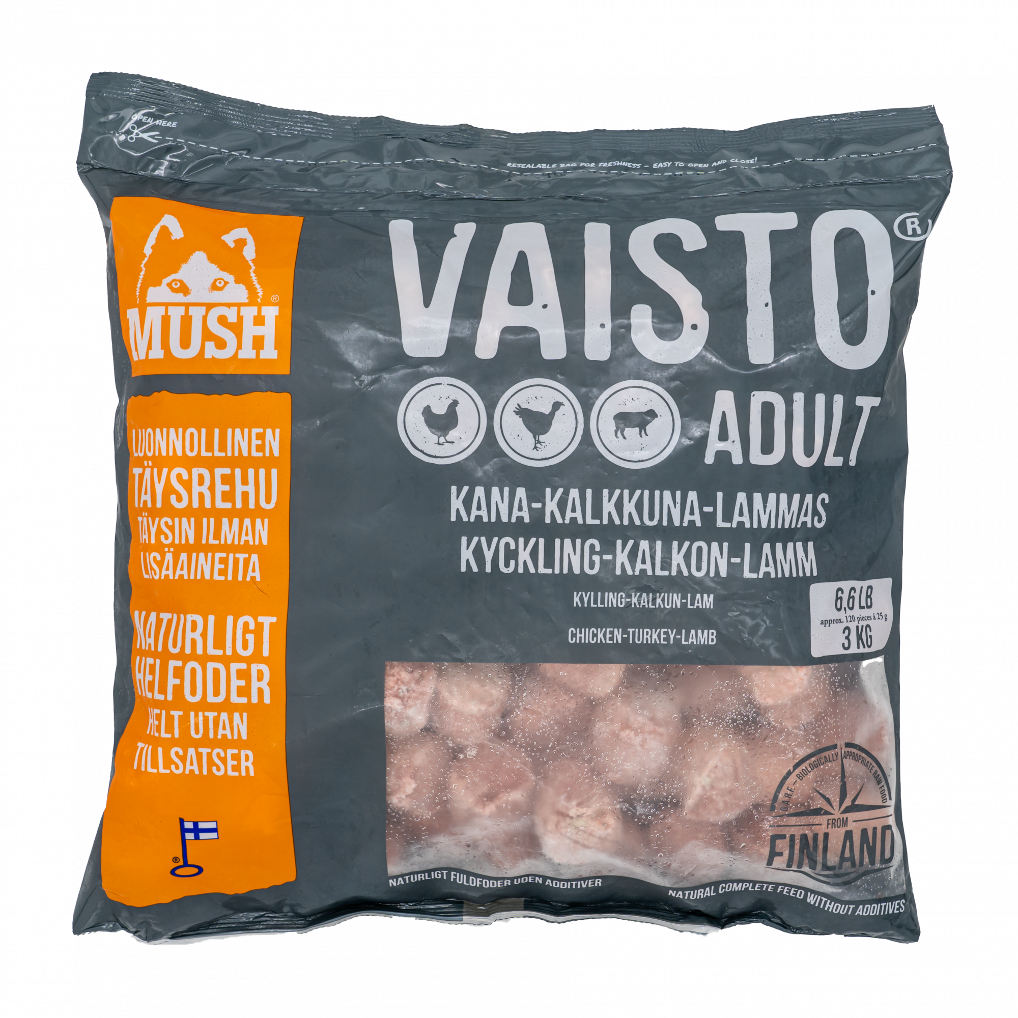 MUSH Vaisto® Grå Fryst helfoder (kyckling-kalkon-lamm) 3 kg SKICKAS EJ!