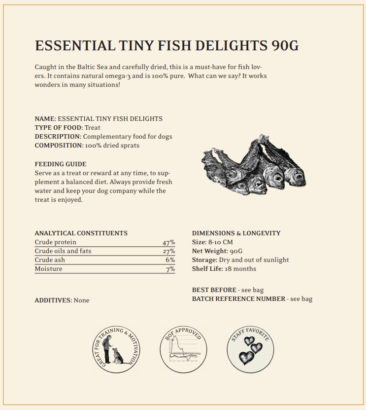 ESSENTIAL TINY FISH DELIGHTS "Torkade fiskar,små" 90 gram