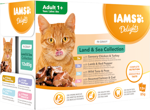 IAMS Delights våtfoder för vuxna katter Blandade kött- och fisksmaker i sås 12 x 85 g påsar