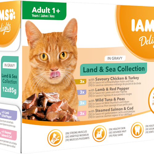 IAMS Delights våtfoder för vuxna katter Blandade kött- och fisksmaker i sås 12 x 85 g påsar