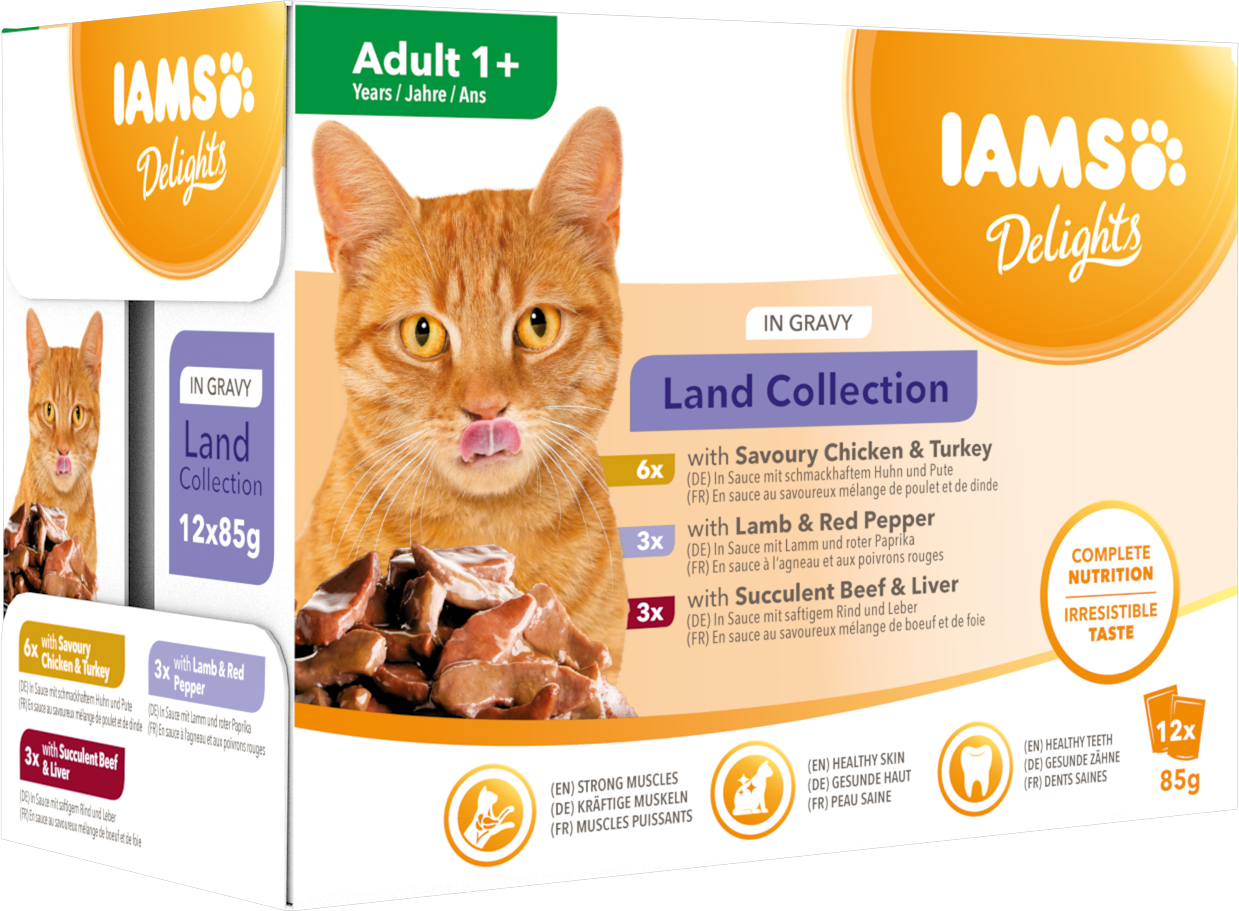 IAMS Delights våtfoder för vuxna katter Blandade köttsmaker i sås 12 x 85 g påsar