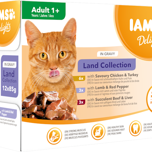 IAMS Delights våtfoder för vuxna katter Blandade köttsmaker i sås 12 x 85 g påsar