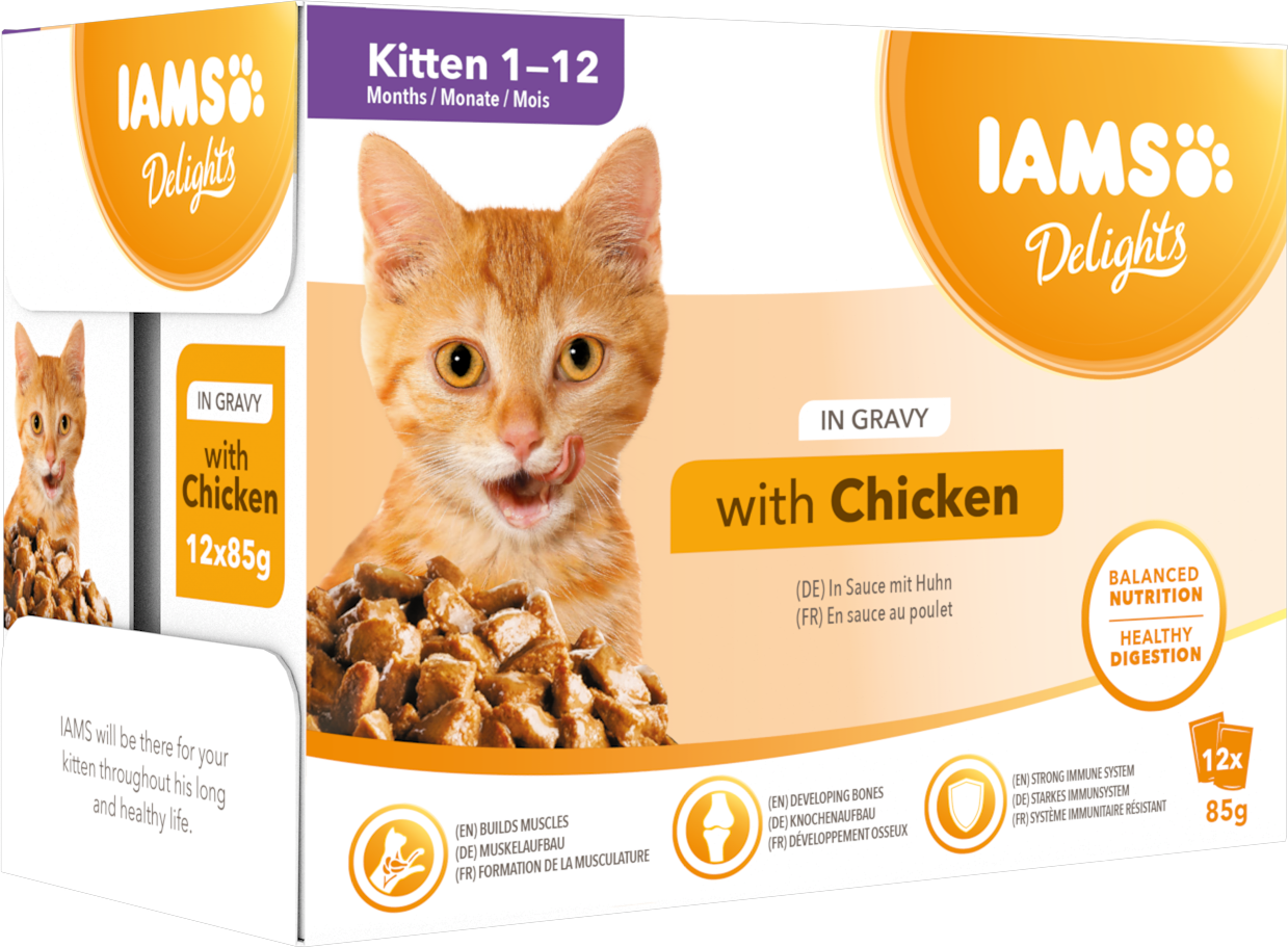IAMS Delights våtfoder för kattungar kyckling i sås 12 x 85 g påsar