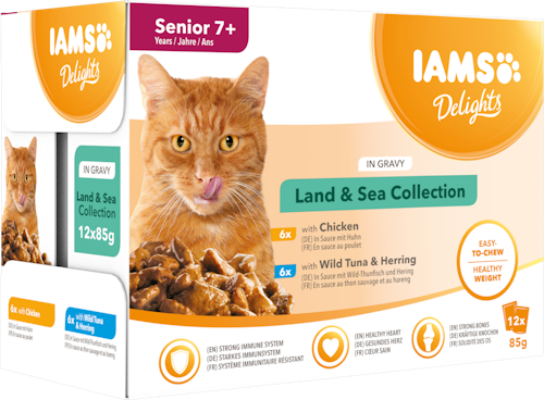 IAMS Delights våtfoder för äldre/senior katter Blandade kött- och fisksmaker i sås 12 x 85 g påsar