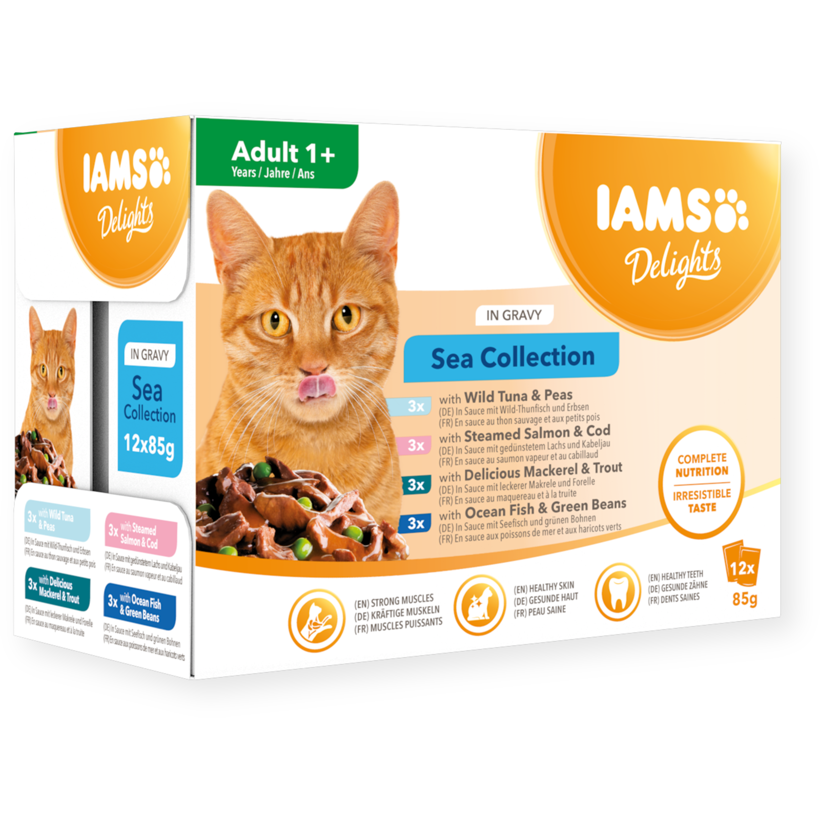 Nyhet: IAMS Delights våtfoder för vuxna katter Blandade fisksmaker i sås 12 x 85 g påsar