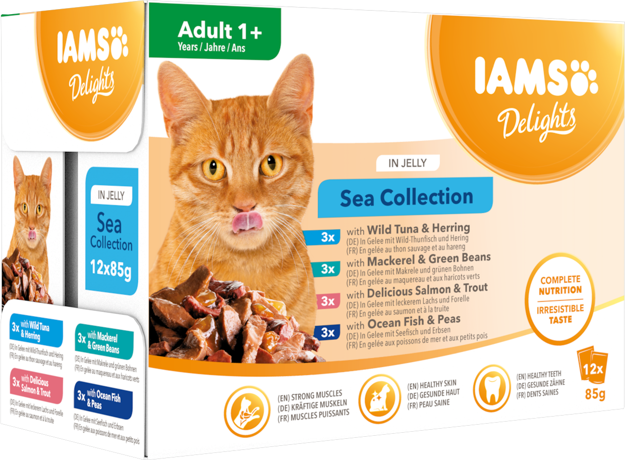 Nyhet: IAMS Delights våtfoder för vuxna katter Blandade fisksmaker i gele´ 12 x 85 g påsar
