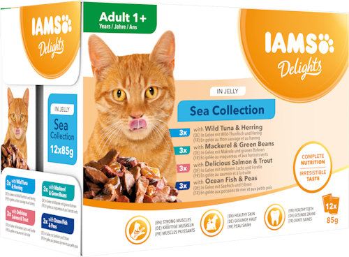 Nyhet: IAMS Delights våtfoder för vuxna katter Blandade fisksmaker i gele´ 12 x 85 g påsar