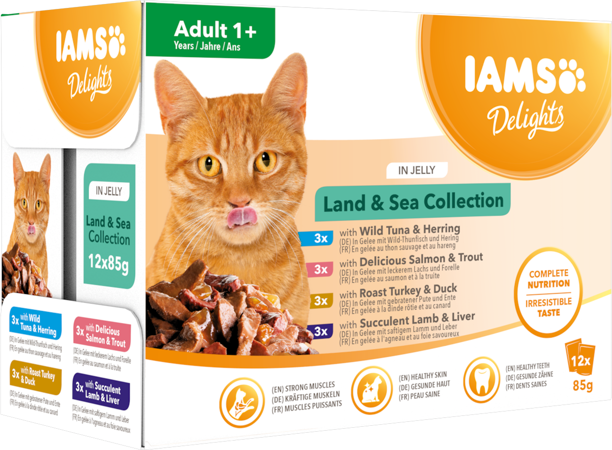 Nyhet: IAMS Delights våtfoder för vuxna katter Blandade kött- och fisksmaker i gele´ 12 x 85 g påsar