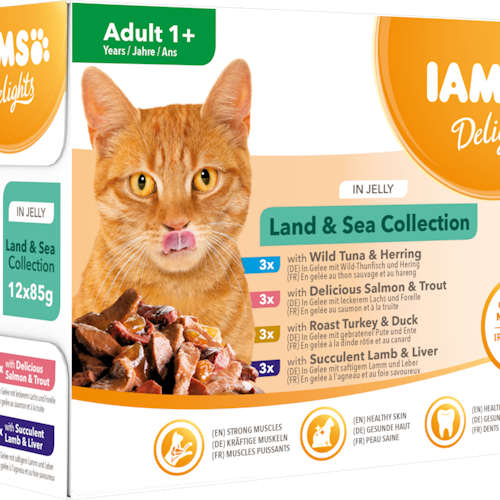 Nyhet: IAMS Delights våtfoder för vuxna katter Blandade kött- och fisksmaker i gele´ 12 x 85 g påsar