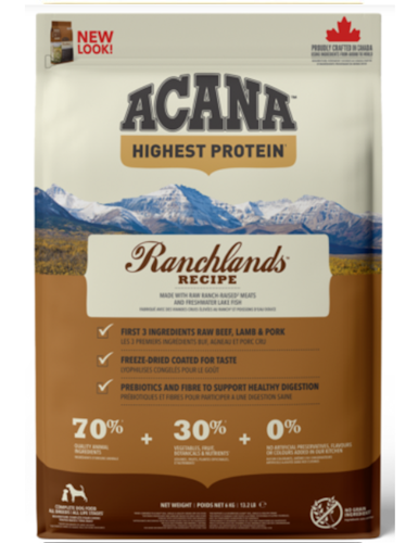 Acana Dog Highest Protein Ranchlands® - Gris, Nötkött, Bison, Fisk, Lamm- spannmålsfritt 6 kg/11,4 kg