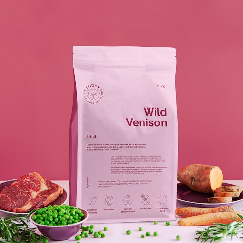 Buddy Wild Venison/Hjort & rådjur 2 kg/5 kg/12 kg - Fritt från tillsatser, spannmål, gluten och GMO.