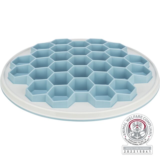 Slow Feed Foderplatta "Hive/Bivax", plast/TRP/TPE, ø 30 cm, grå/blå