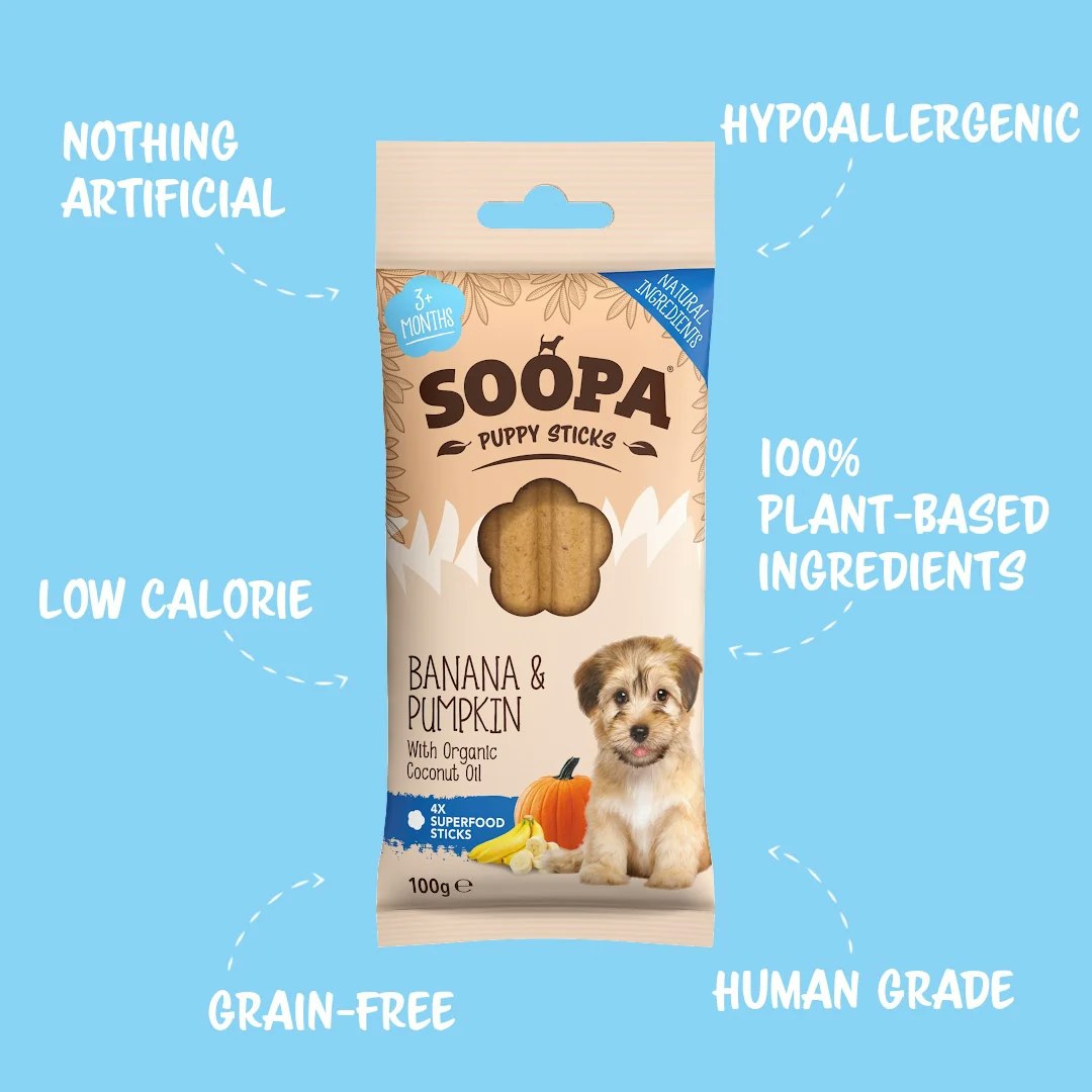 Soopa Banana & Pumpkin Dental Sticks for Puppies (banan & pumpa), veganskt 4 styck/100g