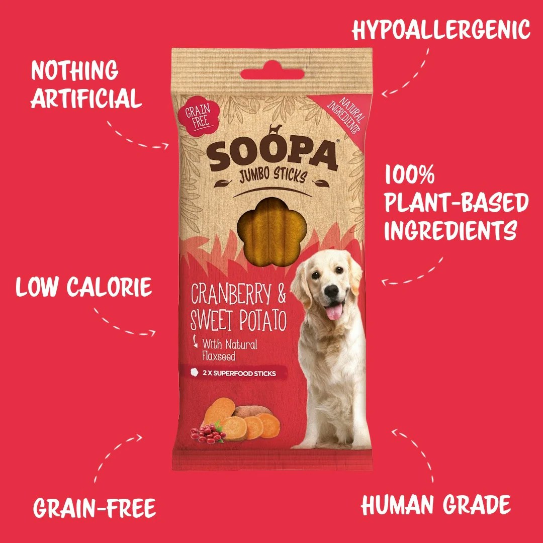 Soopa Jumbo Dental Stick Cranberry & Sweet Potato (tranbär & sötpotatis) veganskt 2 styck/170g