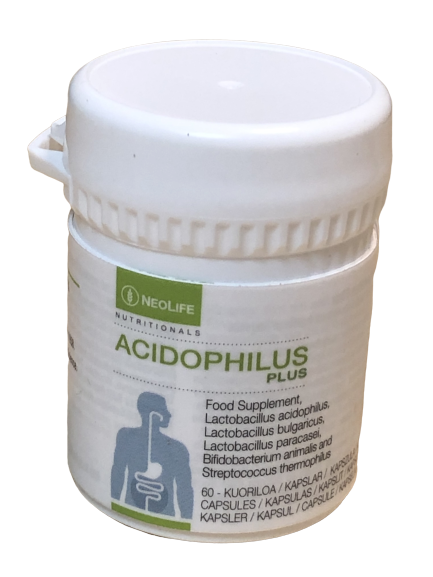 Acidophilus Plus, Kosttillskott, mjölksyrebakteriepreparat.
