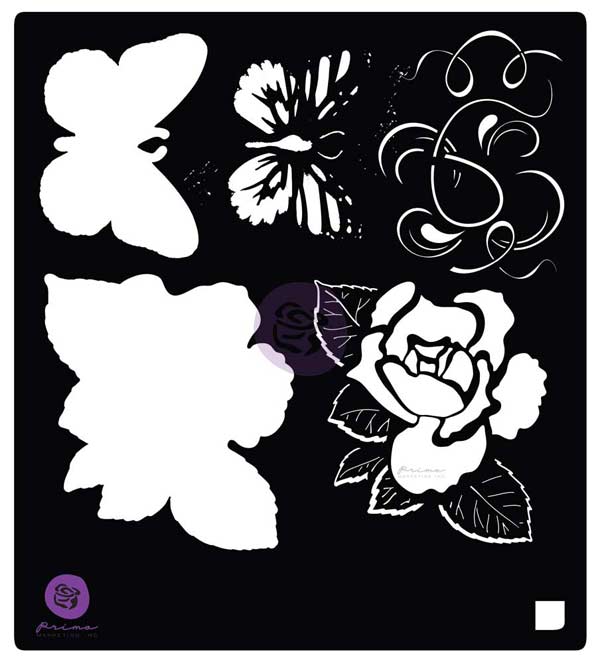 Prima Lager-på-lager schablon Rose & Butterfly 15x15cm