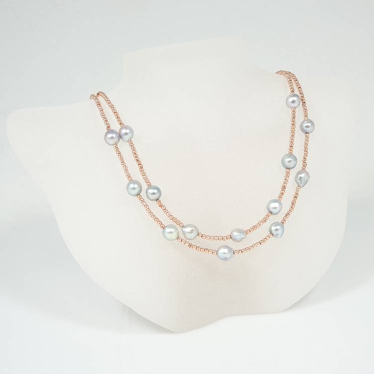 Halsband med grå akoyapärlor och roséförgyllt silver