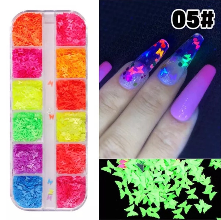 Nail Art Sequins 3D Mixed Butterfly GLOW IN THE DARK - 12 Grids BU5