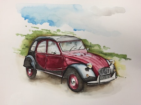 Akvarellmålning Citroën 2cv Charleston
