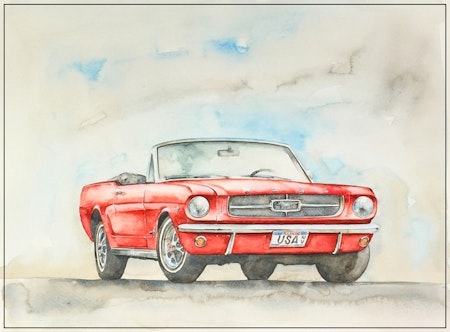 Akvarellmålning Ford Mustang Cab 1964 1/2