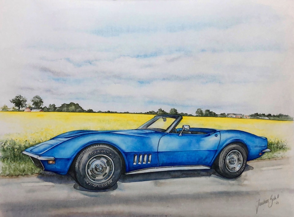 Akvarellmålning Chevrolet Corvette 1968