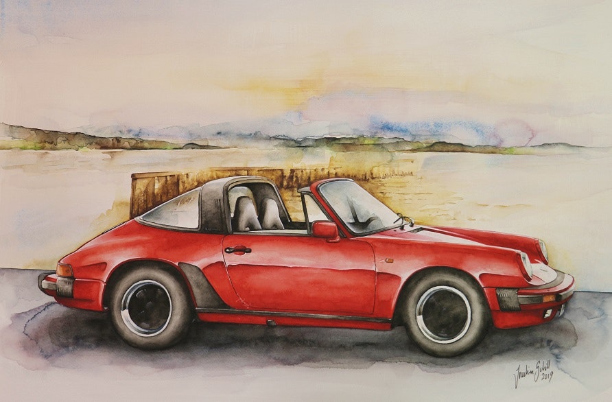 Akvarellmålning Porsche 911 Carrera Targa  1986
